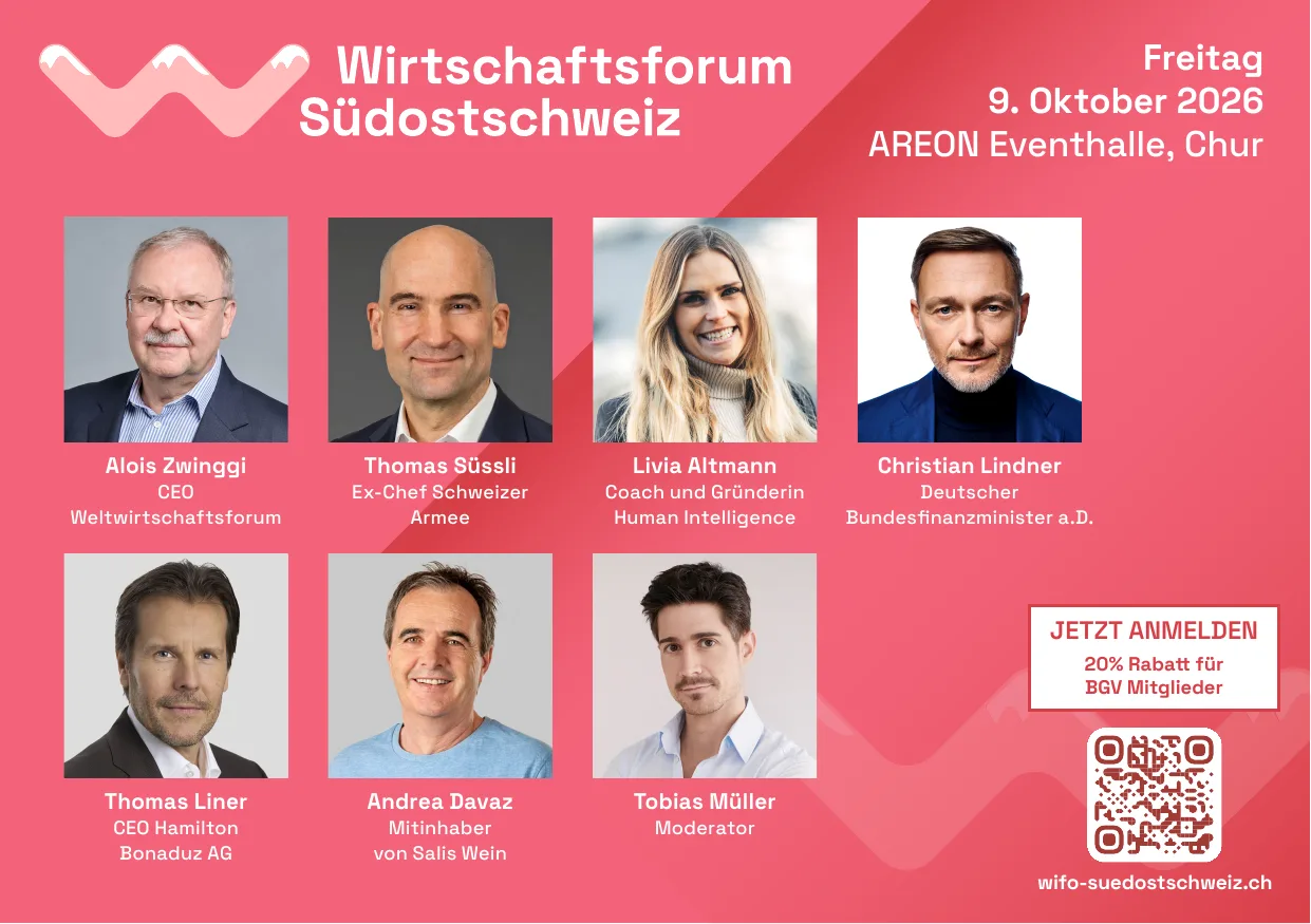 Flyer of the Wirtschaftsforum Südostschweiz 2026 with its speakers